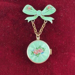 Vintage Chase Pin Watch working hand made Green Guilloche Enamel with Pink Roses